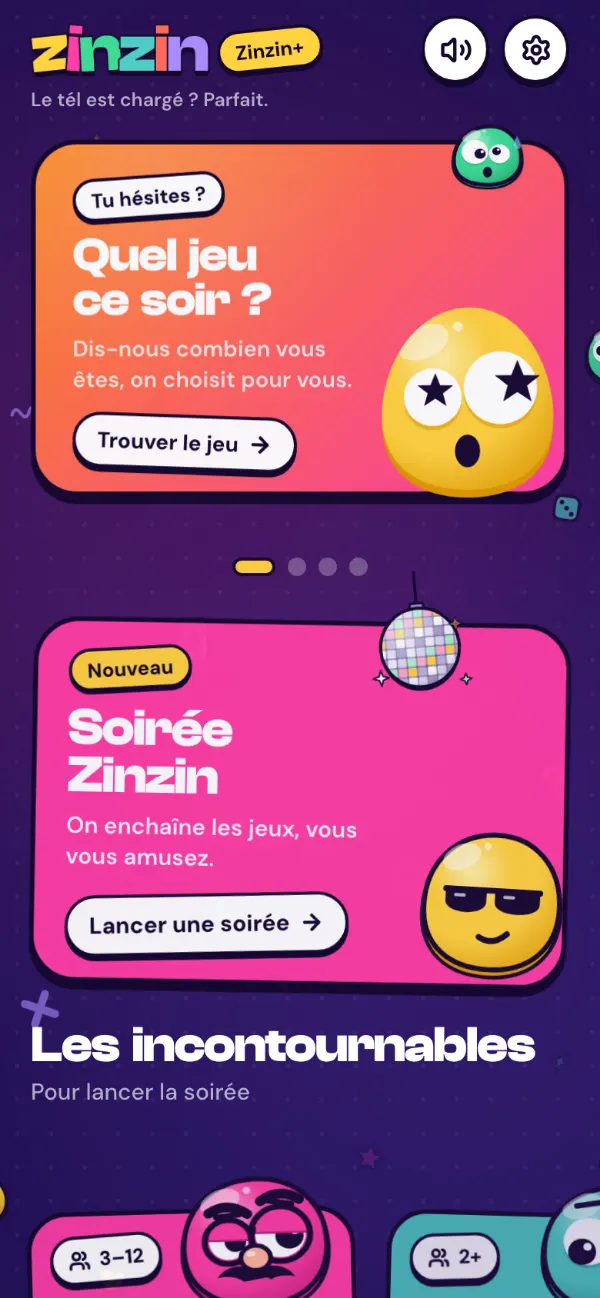 The Zinzin app home screen: "What are we playing tonight?", the Zinzin Party and the must-plays