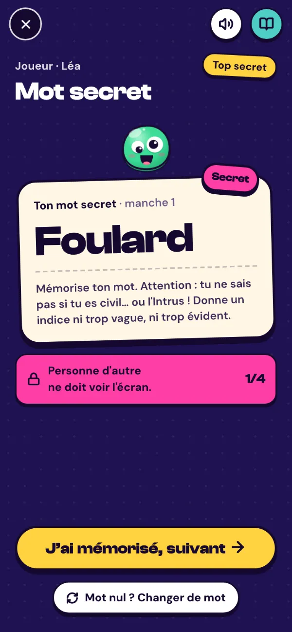 L'Imposteur dans l'app : un joueur découvre son mot secret, « Foulard »