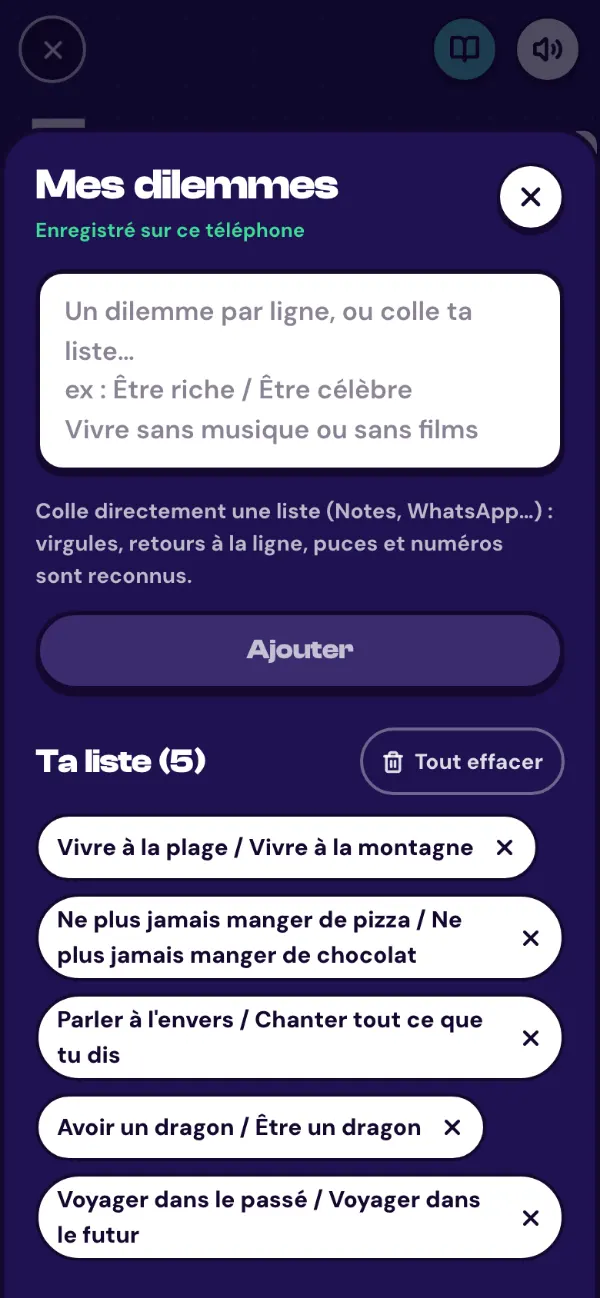 Tu préfères dans l'app : la liste perso « Mes dilemmes »
