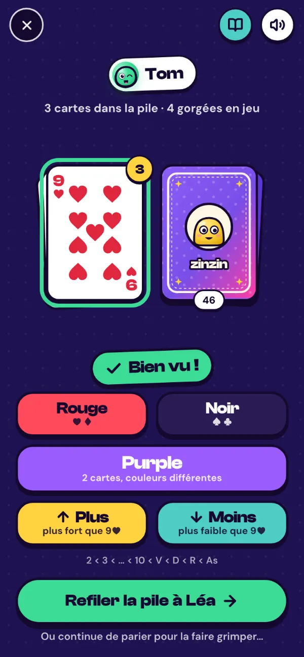 Le Purple dans l'app : la pile de cartes et les paris Rouge, Noir, Purple, Plus, Moins