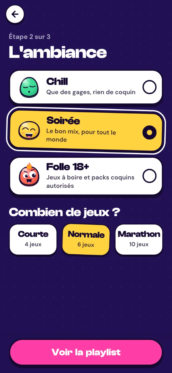 App screen: Zinzin Party settings (vibe and number of games)